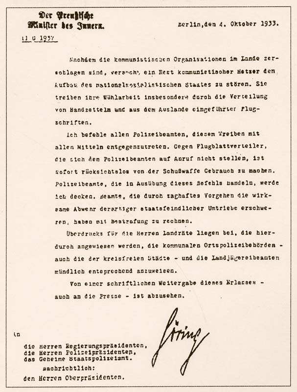 Hermann Görings Schießbefehl gegen kommunistische Flugblattverteiler